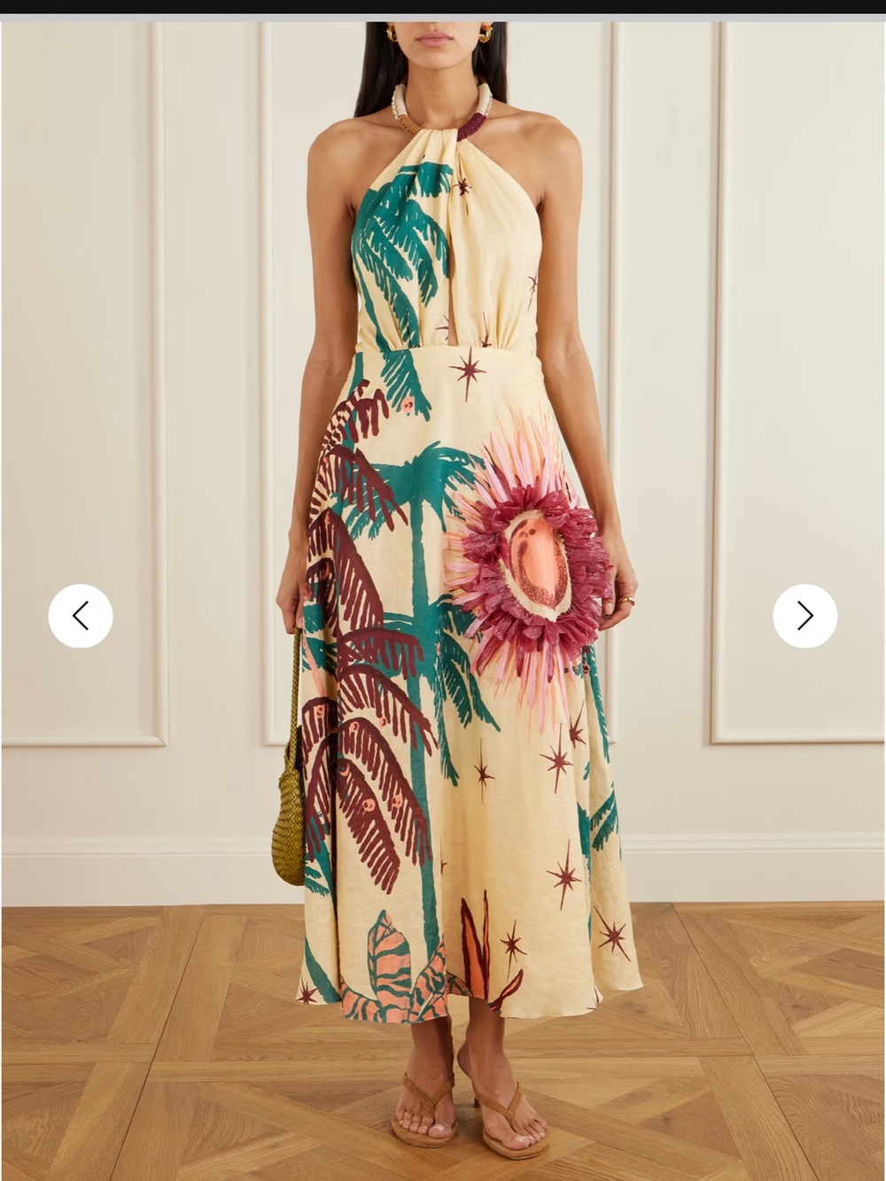 Johanna Ortiz Cream Halter Maxi Dress with Green & Pink Tropical Motif